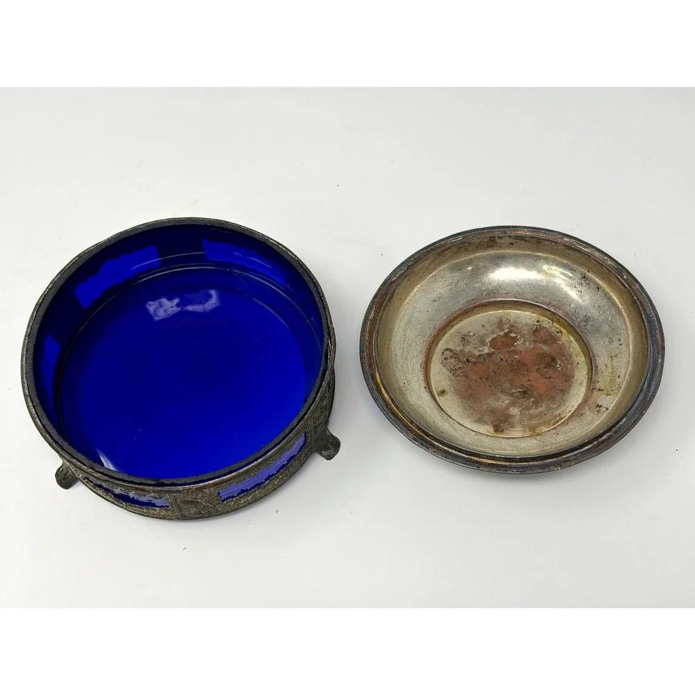 Vintage Made in Japan Cobalt Blue Glass Ornate Metal Footed Trinket Jewelry Box